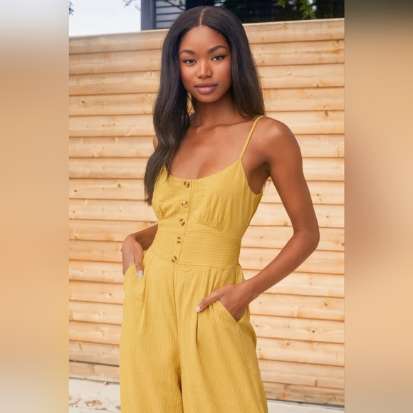 Lulus Coastal Air Mustard Yellow Striped Tie-Back Culotte Jumpsuit - Picture 2 of 9